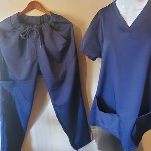 Fashion Unisex V-Neck, Deep Pockets. Medical Scrub Uniform Set. 2XL. Navy Blue.